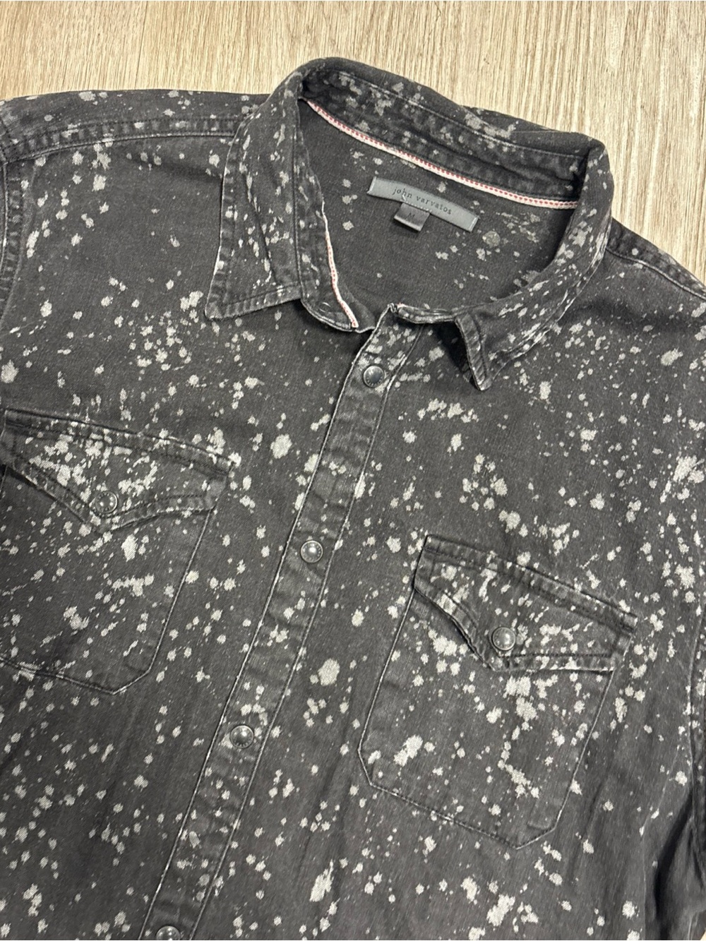John Varvatos Shirt Mens Medium Black Denim Paint Splatter Long Sleeve Button Up